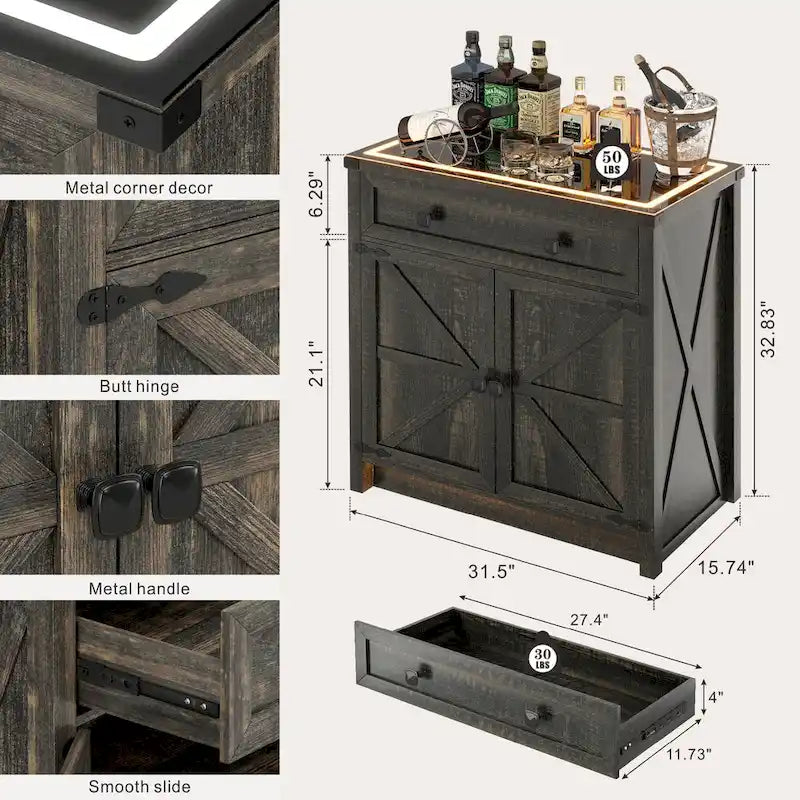 32.83"H Sideboard Storage Cabinet with LED Lights, USB Charging, Wireless Charging Station, Antique White & Rustic Brown