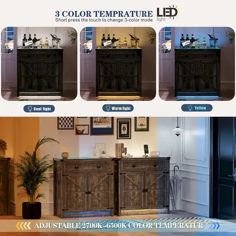 32.83"H Sideboard Storage Cabinet with LED Lights, USB Charging, Wireless Charging Station, Antique White & Rustic Brown