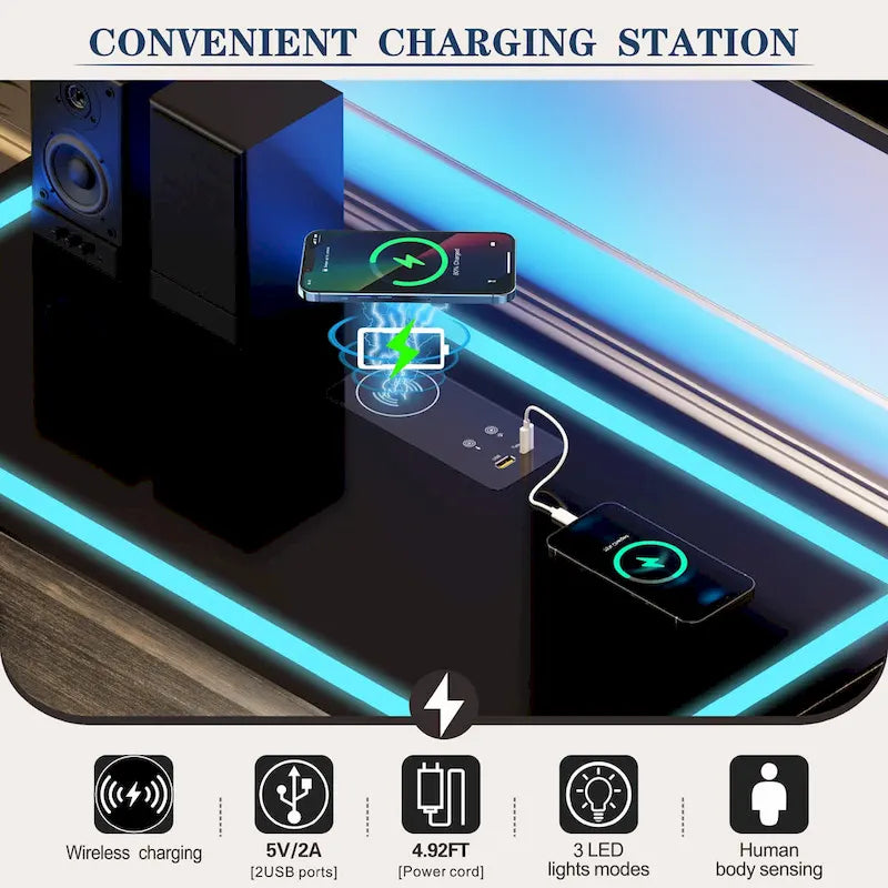 32.83"H Sideboard Storage Cabinet with LED Lights, USB Charging, Wireless Charging Station, Antique White & Rustic Brown