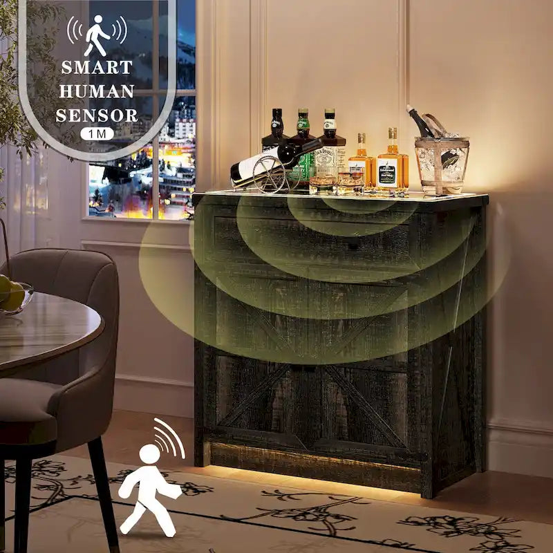 32.83"H Sideboard Storage Cabinet with LED Lights, USB Charging, Wireless Charging Station, Antique White & Rustic Brown