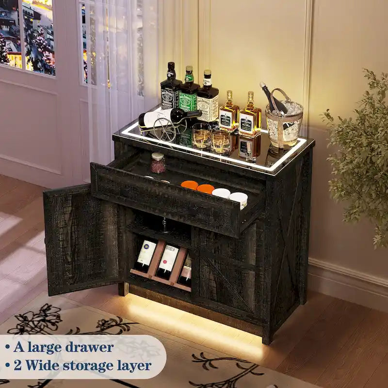 32.83"H Sideboard Storage Cabinet with LED Lights, USB Charging, Wireless Charging Station, Antique White & Rustic Brown
