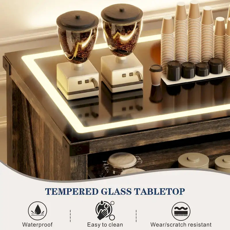 32.83"H Sideboard Storage Cabinet with LED Lights, USB Charging, Wireless Charging Station, Antique White & Rustic Brown