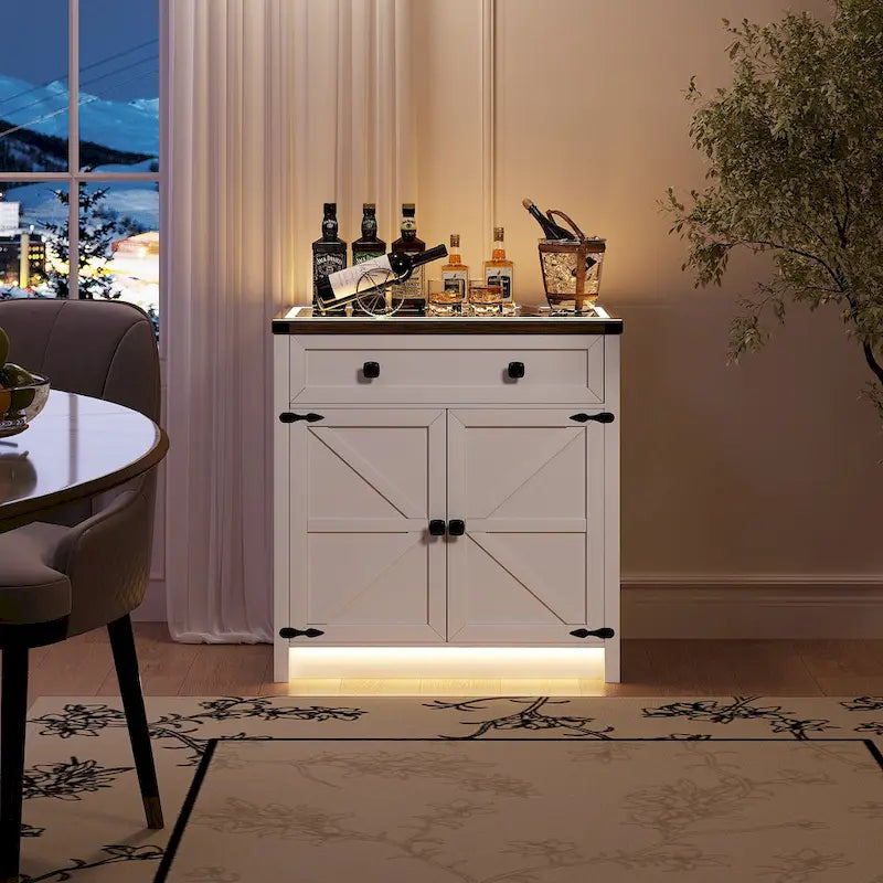 32.83"H Sideboard Storage Cabinet with LED Lights, USB Charging, Wireless Charging Station, Antique White & Rustic Brown