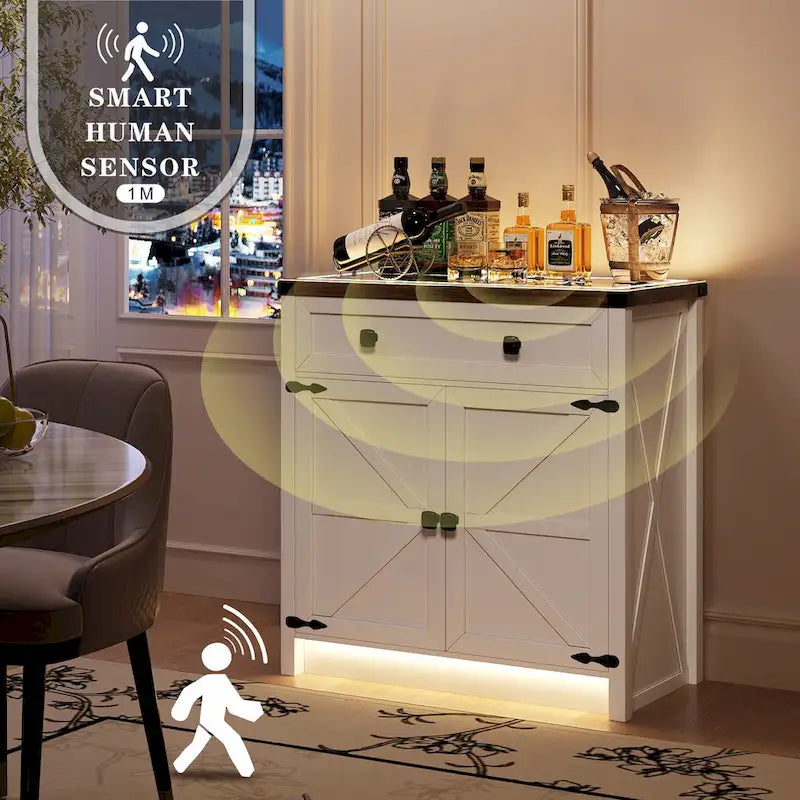 32.83"H Sideboard Storage Cabinet with LED Lights, USB Charging, Wireless Charging Station, Antique White & Rustic Brown