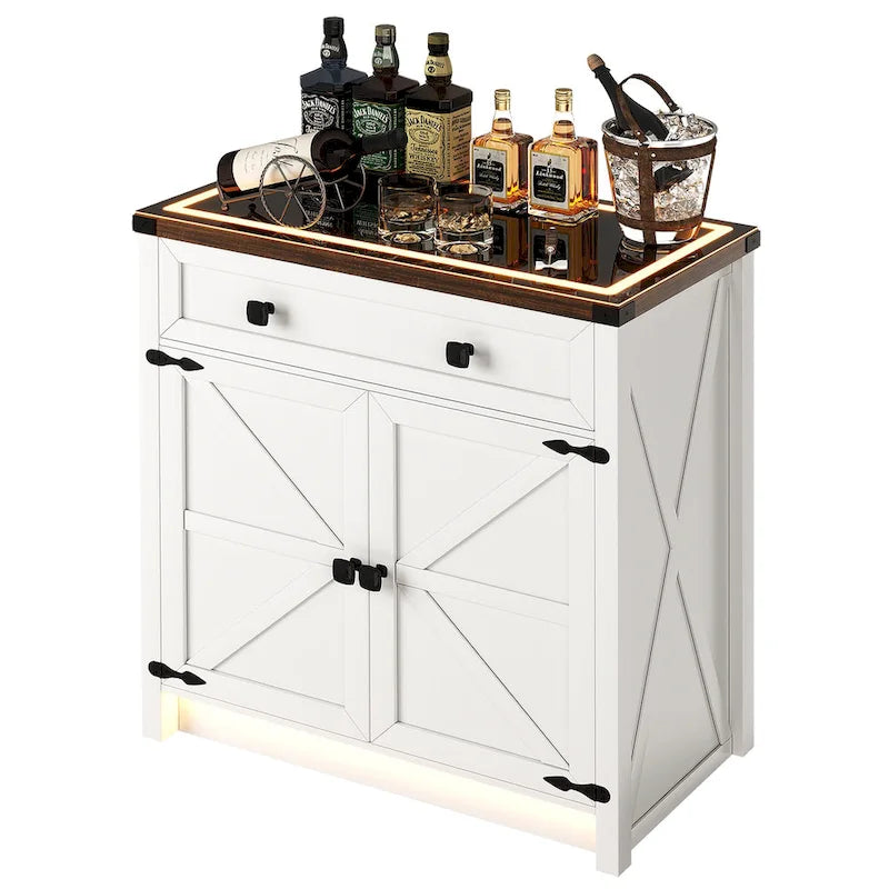 32.83"H Sideboard Storage Cabinet with LED Lights, USB Charging, Wireless Charging Station, Antique White & Rustic Brown
