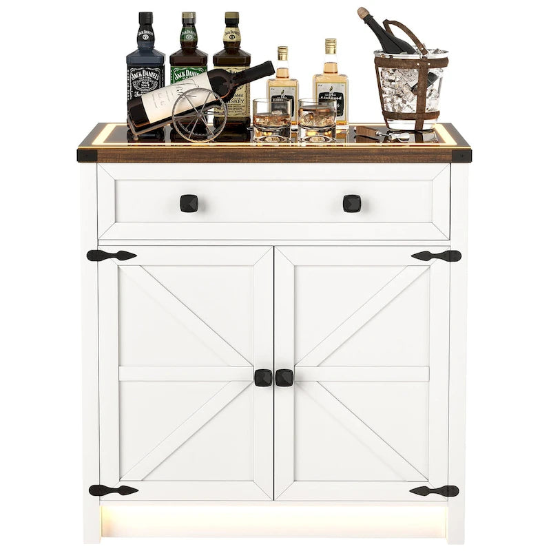 32.83"H Sideboard Storage Cabinet with LED Lights, USB Charging, Wireless Charging Station, Antique White & Rustic Brown
