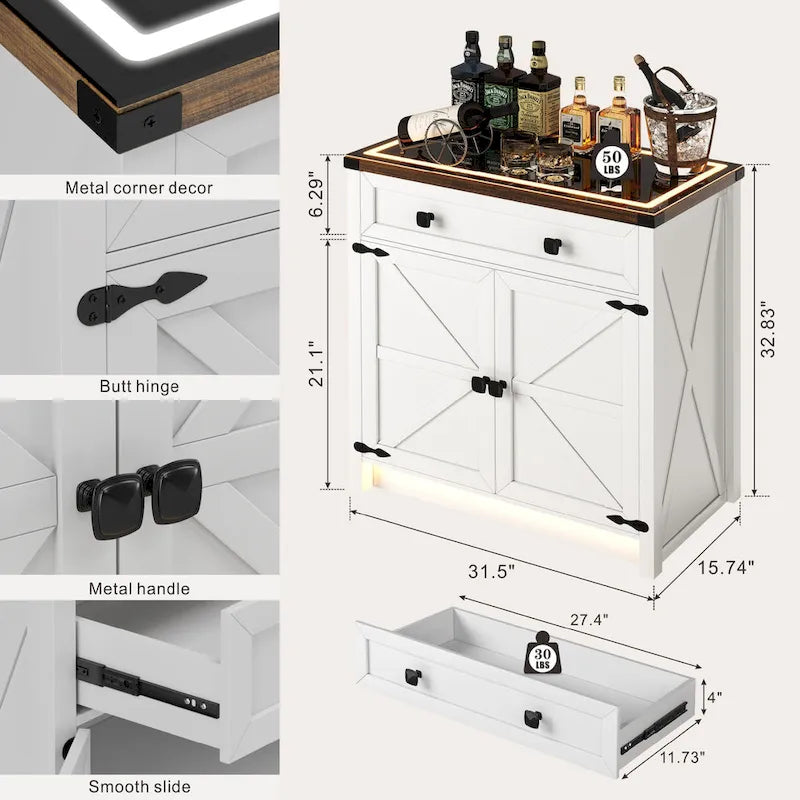 32.83"H Sideboard Storage Cabinet with LED Lights, USB Charging, Wireless Charging Station, Antique White & Rustic Brown