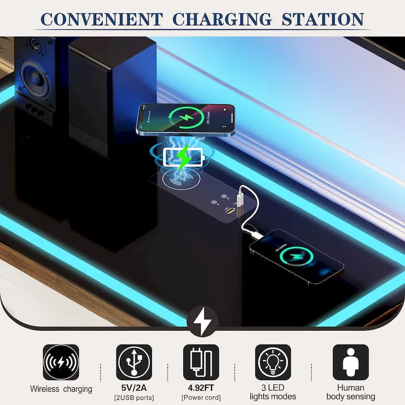 32.83"H Sideboard Storage Cabinet with LED Lights, USB Charging, Wireless Charging Station, Antique White & Rustic Brown