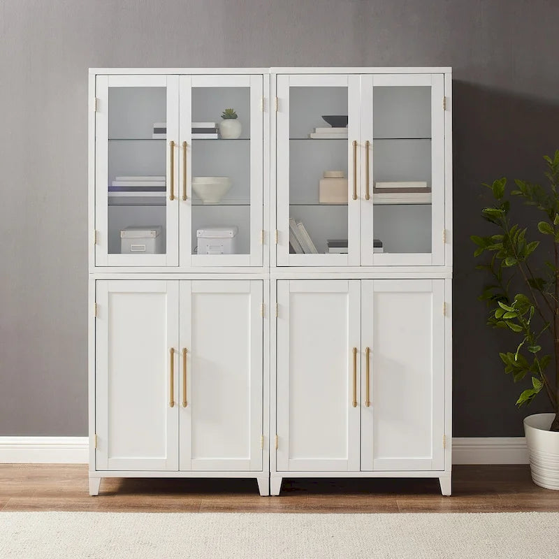 2-Piece Pantry Storage Cabinet Set Glass Door Hutch Adjustable Shelves Brushed Gold Hardware Tempered Glass Modern Farmhouse Furniture