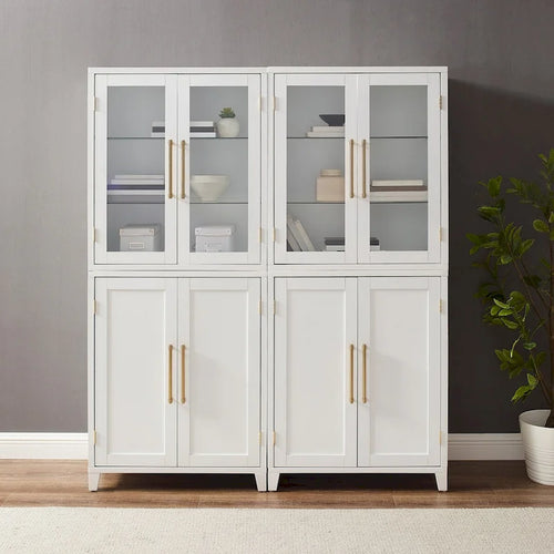 2-Piece Pantry Storage Cabinet Set Glass Door Hutch Adjustable Shelves Brushed Gold Hardware Tempered Glass Modern Farmhouse Furniture