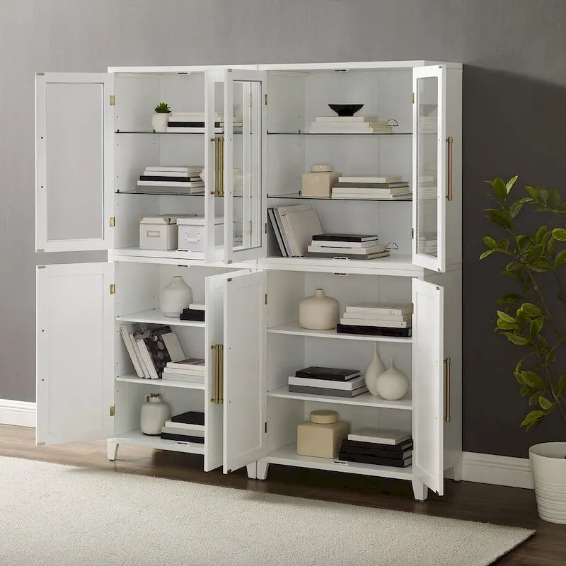 2-Piece Pantry Storage Cabinet Set Glass Door Hutch Adjustable Shelves Brushed Gold Hardware Tempered Glass Modern Farmhouse Furniture