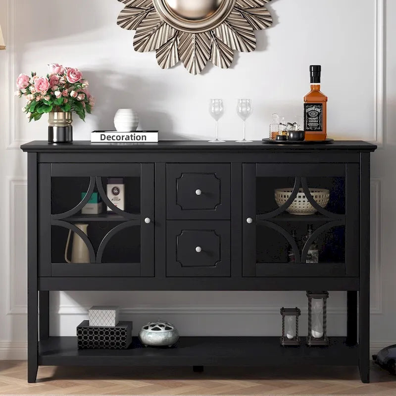 Buffet Commode Table Console Portes en Verre Trempé Bois Sculpté Étagères Réglables Tiroirs Poignées Vintage Argentées Meuble de Rangement