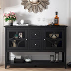 Buffet Commode Table Console Portes en Verre Trempé Bois Sculpté Étagères Réglables Tiroirs Poignées Vintage Argentées Meuble de Rangement