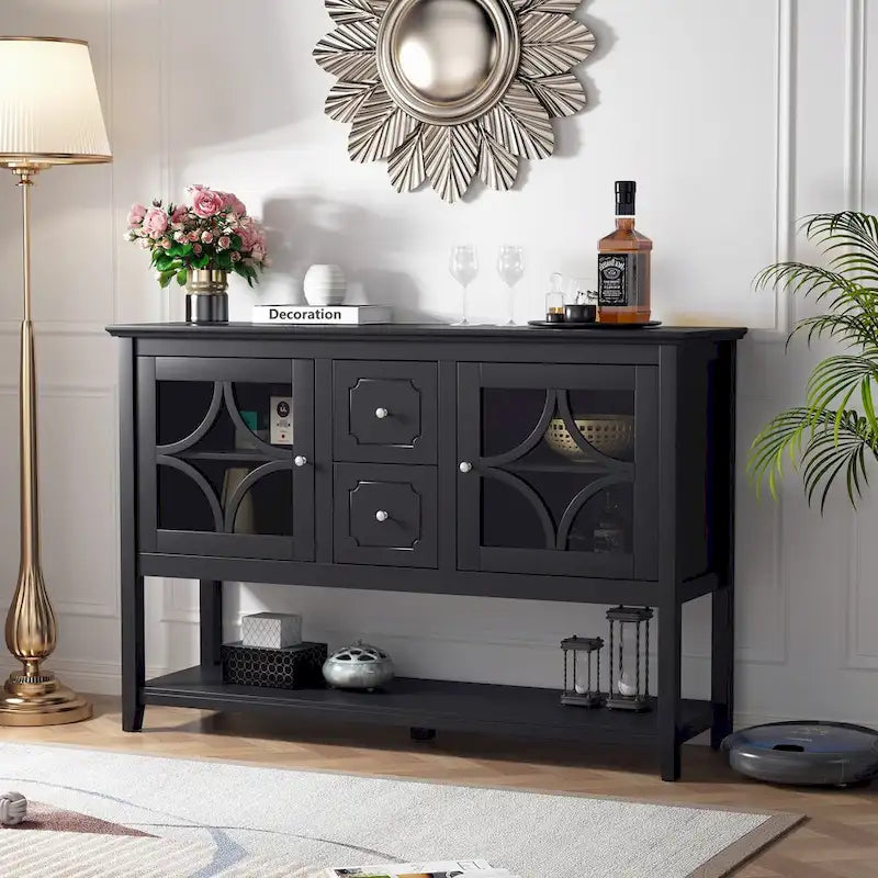 Buffet Commode Table Console Portes en Verre Trempé Bois Sculpté Étagères Réglables Tiroirs Poignées Vintage Argentées Meuble de Rangement