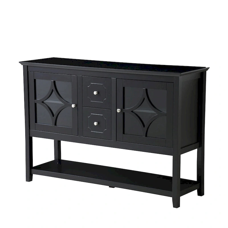 Buffet Commode Table Console Portes en Verre Trempé Bois Sculpté Étagères Réglables Tiroirs Poignées Vintage Argentées Meuble de Rangement