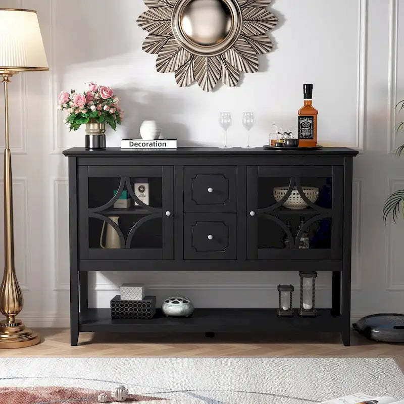 Buffet Commode Table Console Portes en Verre Trempé Bois Sculpté Étagères Réglables Tiroirs Poignées Vintage Argentées Meuble de Rangement