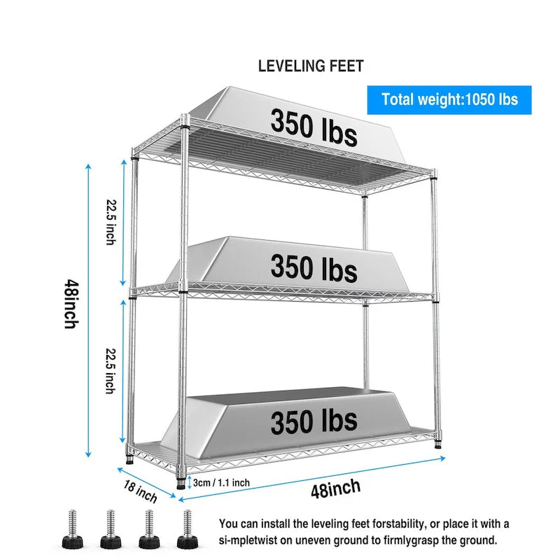 3 Tier Wire Shelving Unit, 1050 LBS NSF Height Adjustable Garage Storage Shelves, Heavy Duty Storage Wire Rack Metal Shelves