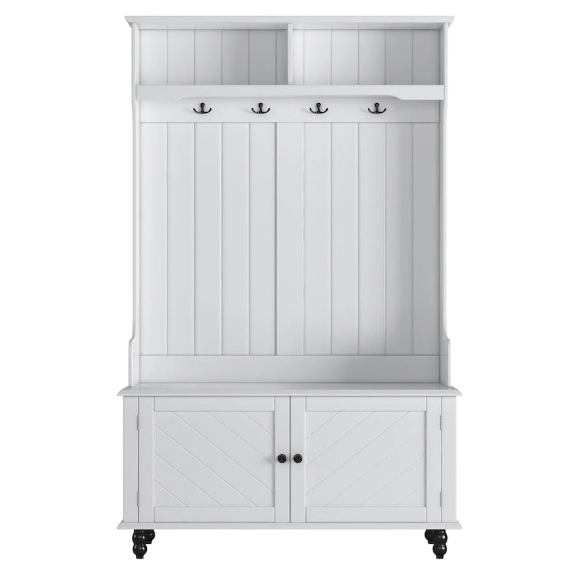 Entryway Hall Tree Bench with Storage Cabinet, 4 Hooks, 2 Shelves - 40" Wide Traditional Style Coat Rack Organizer