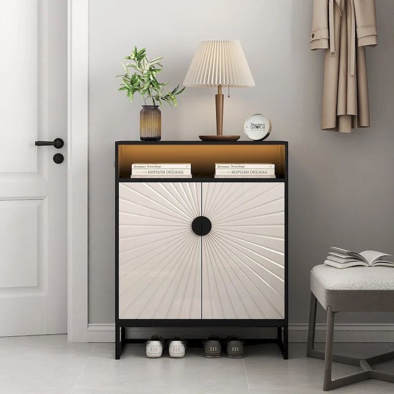 5-Tier Shoe Storage Cabinet MDF Wood Doors Motion Sensor Night Light Adjustable Shelves Golden Metal Base Organizer Entryway Furniture