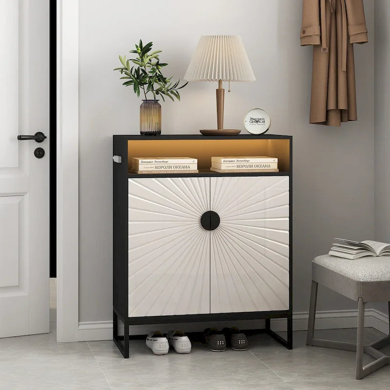 5-Tier Shoe Storage Cabinet MDF Wood Doors Motion Sensor Night Light Adjustable Shelves Golden Metal Base Organizer Entryway Furniture