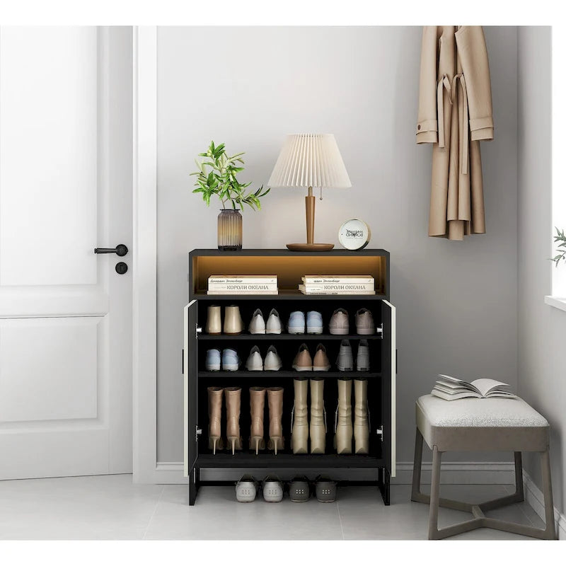 5-Tier Shoe Storage Cabinet MDF Wood Doors Motion Sensor Night Light Adjustable Shelves Golden Metal Base Organizer Entryway Furniture