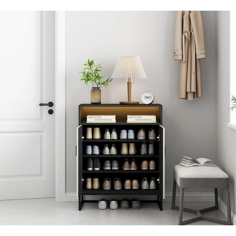 5-Tier Shoe Storage Cabinet MDF Wood Doors Motion Sensor Night Light Adjustable Shelves Golden Metal Base Organizer Entryway Furniture