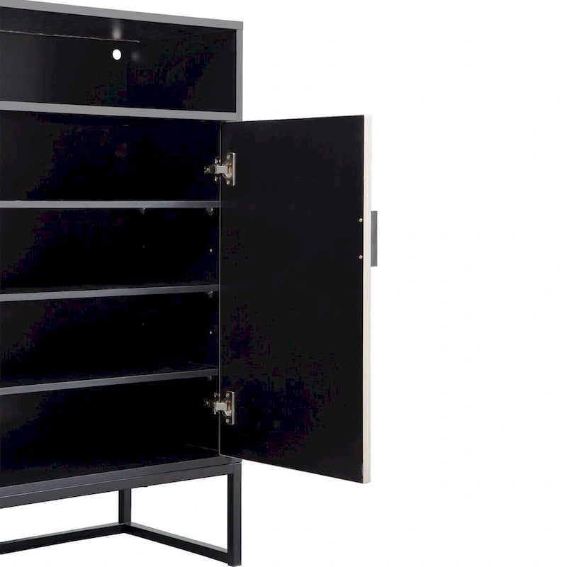 5-Tier Shoe Storage Cabinet MDF Wood Doors Motion Sensor Night Light Adjustable Shelves Golden Metal Base Organizer Entryway Furniture