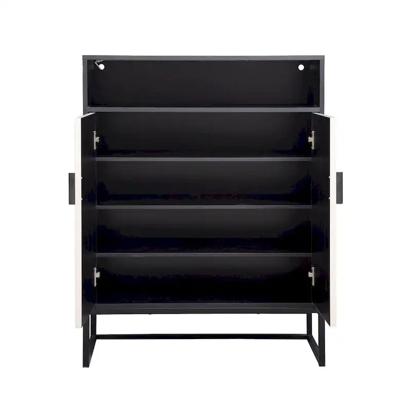 5-Tier Shoe Storage Cabinet MDF Wood Doors Motion Sensor Night Light Adjustable Shelves Golden Metal Base Organizer Entryway Furniture