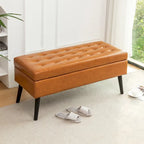 Tufted Storage Bench 43.3" Upholstered Ottoman with Lift Top - Beige Linen Bedroom Entryway Bench, 300 lbs Capacity, Solid Wood Legs