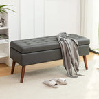 Tufted Storage Bench 43.3" Upholstered Ottoman with Lift Top - Beige Linen Bedroom Entryway Bench, 300 lbs Capacity, Solid Wood Legs