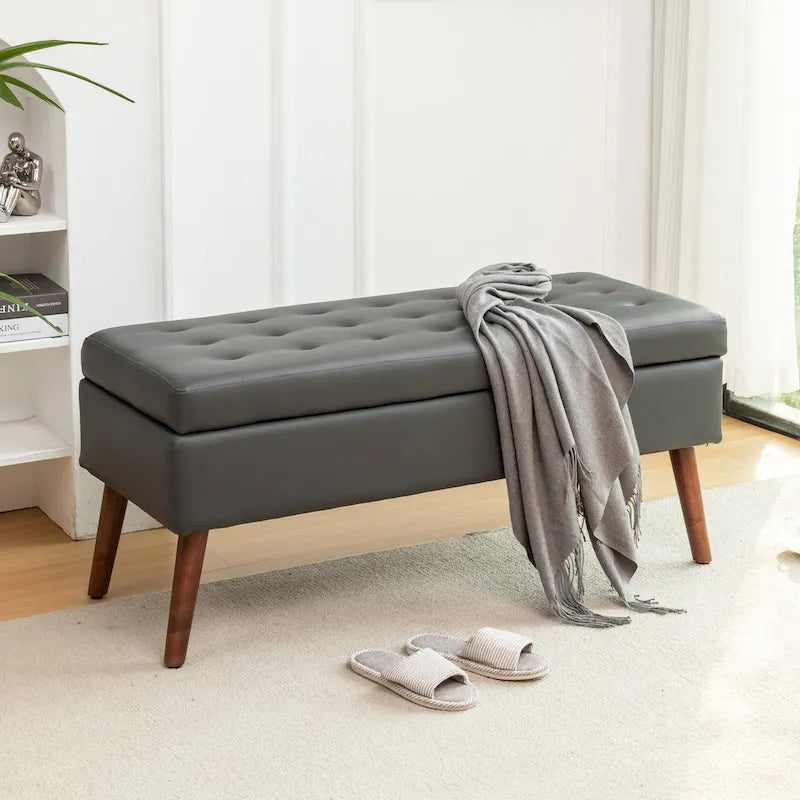 Tufted Storage Bench 43.3" Upholstered Ottoman with Lift Top - Beige Linen Bedroom Entryway Bench, 300 lbs Capacity, Solid Wood Legs