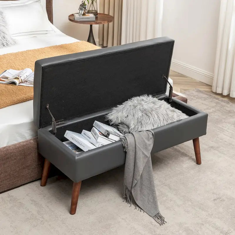 Tufted Storage Bench 43.3" Upholstered Ottoman with Lift Top - Beige Linen Bedroom Entryway Bench, 300 lbs Capacity, Solid Wood Legs