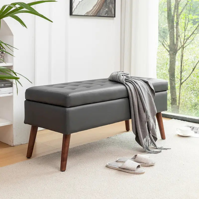 Tufted Storage Bench 43.3" Upholstered Ottoman with Lift Top - Beige Linen Bedroom Entryway Bench, 300 lbs Capacity, Solid Wood Legs