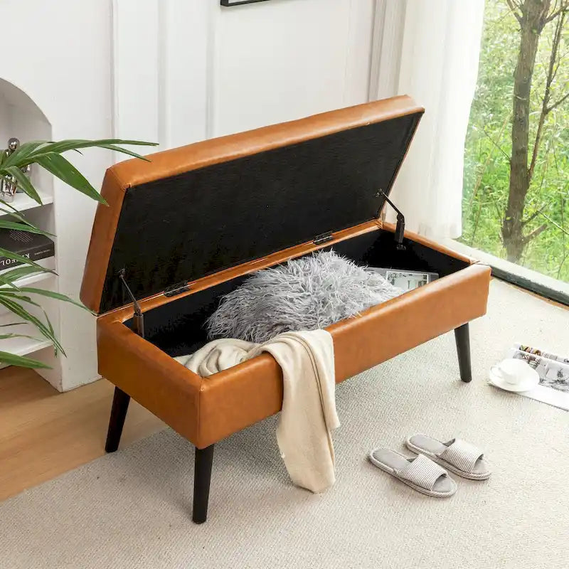 Tufted Storage Bench 43.3" Upholstered Ottoman with Lift Top - Beige Linen Bedroom Entryway Bench, 300 lbs Capacity, Solid Wood Legs