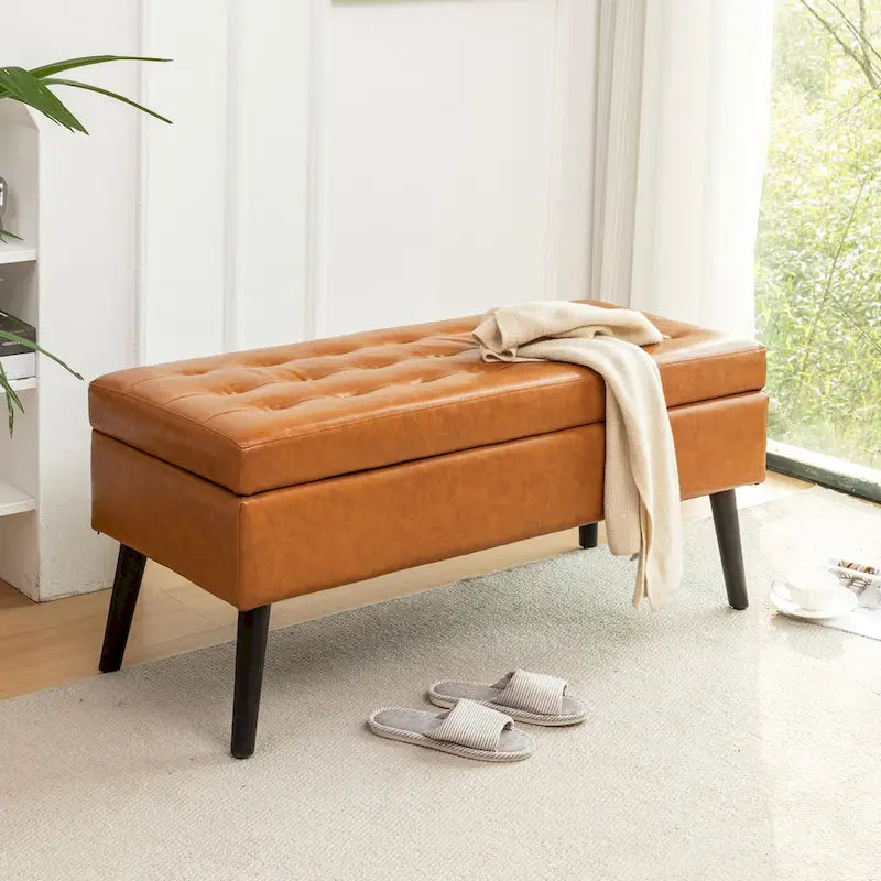 Tufted Storage Bench 43.3" Upholstered Ottoman with Lift Top - Beige Linen Bedroom Entryway Bench, 300 lbs Capacity, Solid Wood Legs