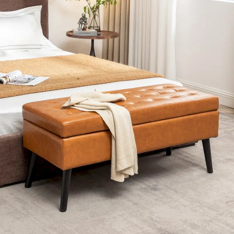 Tufted Storage Bench 43.3" Upholstered Ottoman with Lift Top - Beige Linen Bedroom Entryway Bench, 300 lbs Capacity, Solid Wood Legs