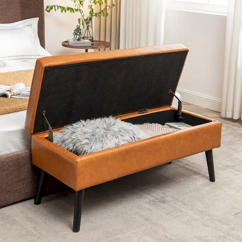 Tufted Storage Bench 43.3" Upholstered Ottoman with Lift Top - Beige Linen Bedroom Entryway Bench, 300 lbs Capacity, Solid Wood Legs