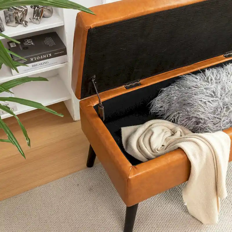 Tufted Storage Bench 43.3" Upholstered Ottoman with Lift Top - Beige Linen Bedroom Entryway Bench, 300 lbs Capacity, Solid Wood Legs