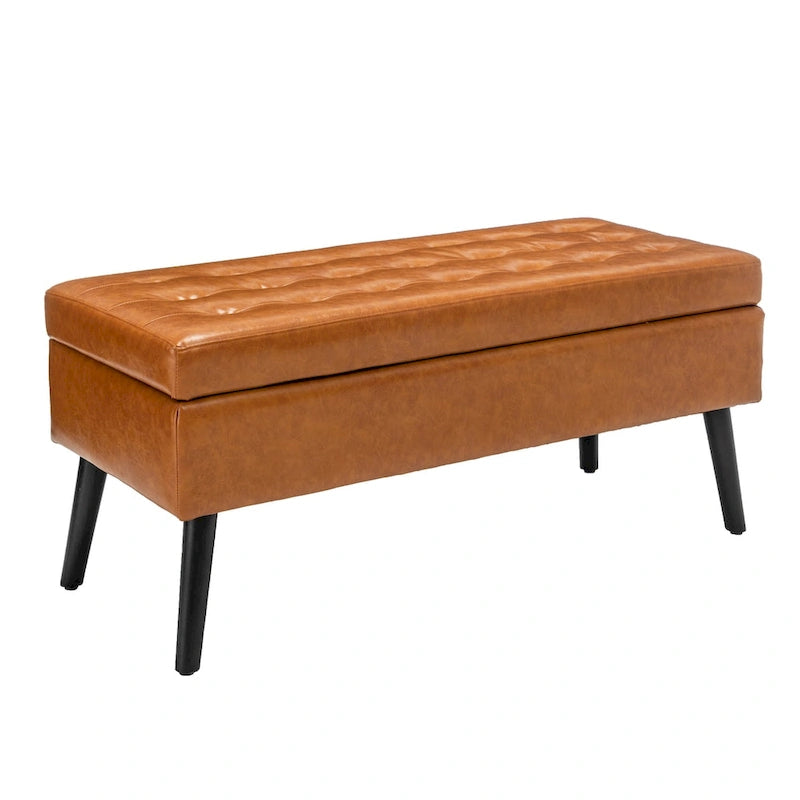 Tufted Storage Bench 43.3" Upholstered Ottoman with Lift Top - Beige Linen Bedroom Entryway Bench, 300 lbs Capacity, Solid Wood Legs