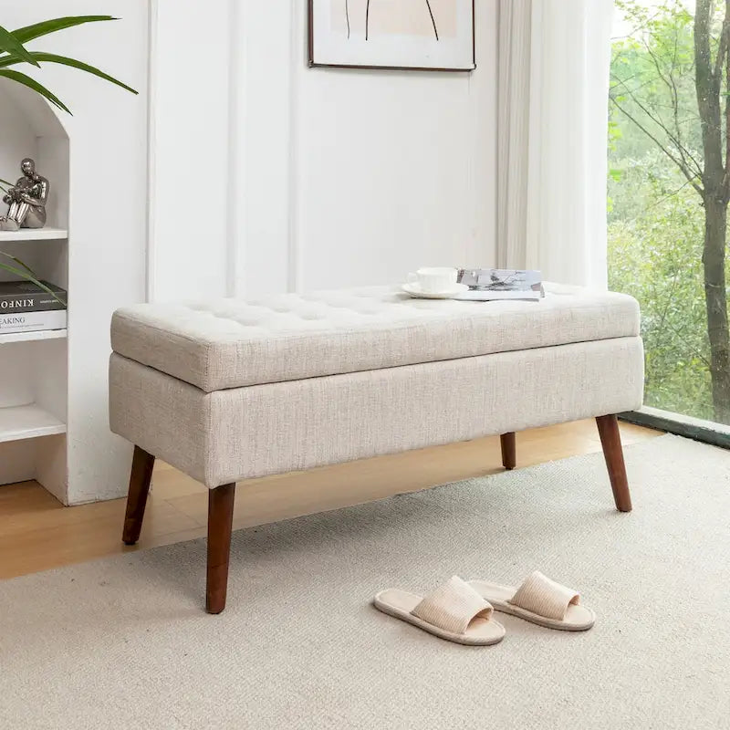 Tufted Storage Bench 43.3" Upholstered Ottoman with Lift Top - Beige Linen Bedroom Entryway Bench, 300 lbs Capacity, Solid Wood Legs