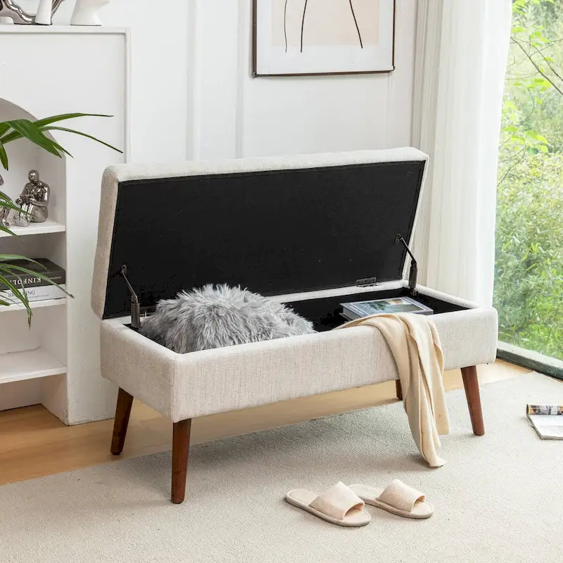 Tufted Storage Bench 43.3" Upholstered Ottoman with Lift Top - Beige Linen Bedroom Entryway Bench, 300 lbs Capacity, Solid Wood Legs