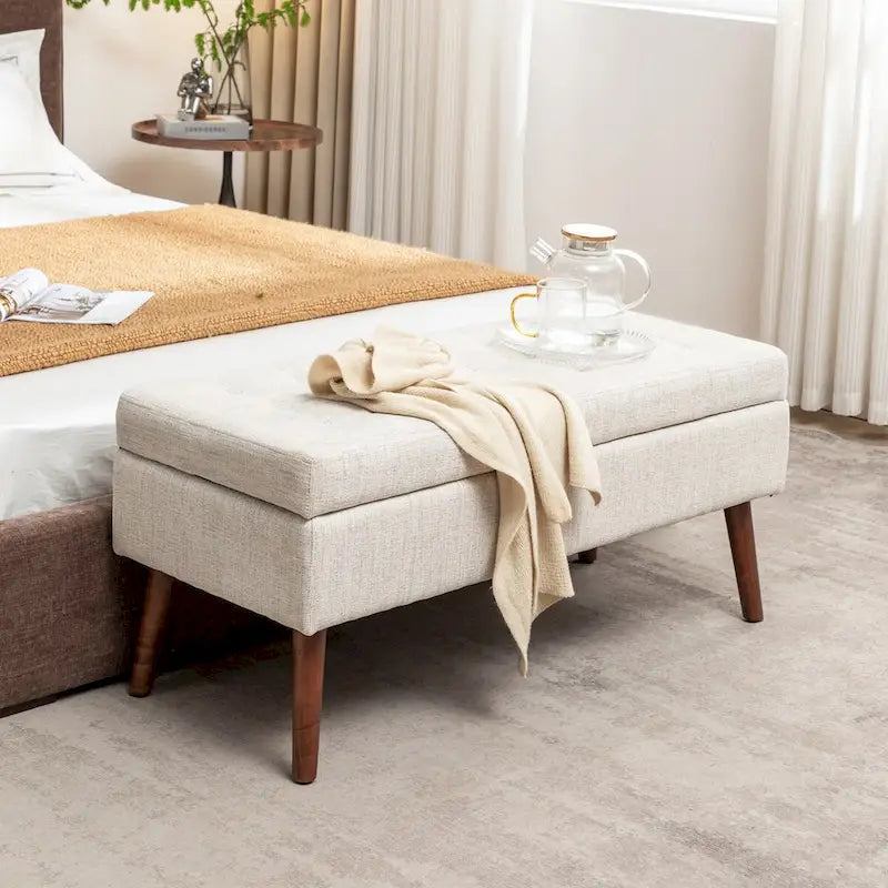 Tufted Storage Bench 43.3" Upholstered Ottoman with Lift Top - Beige Linen Bedroom Entryway Bench, 300 lbs Capacity, Solid Wood Legs