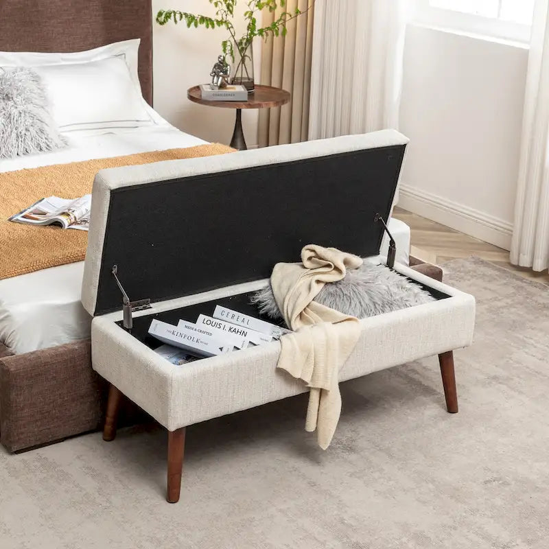 Tufted Storage Bench 43.3" Upholstered Ottoman with Lift Top - Beige Linen Bedroom Entryway Bench, 300 lbs Capacity, Solid Wood Legs
