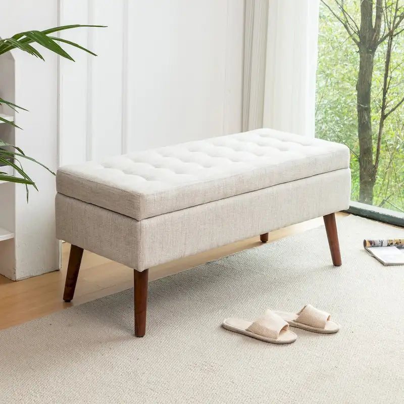 Tufted Storage Bench 43.3" Upholstered Ottoman with Lift Top - Beige Linen Bedroom Entryway Bench, 300 lbs Capacity, Solid Wood Legs