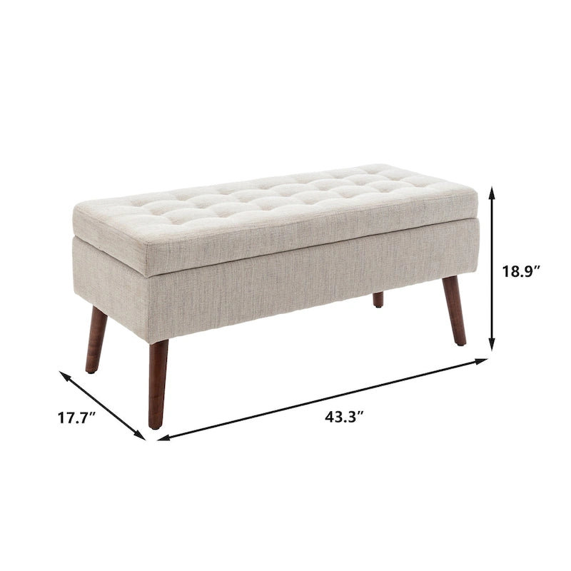 Tufted Storage Bench 43.3" Upholstered Ottoman with Lift Top - Beige Linen Bedroom Entryway Bench, 300 lbs Capacity, Solid Wood Legs