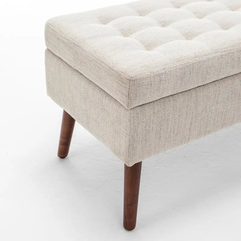 Tufted Storage Bench 43.3" Upholstered Ottoman with Lift Top - Beige Linen Bedroom Entryway Bench, 300 lbs Capacity, Solid Wood Legs