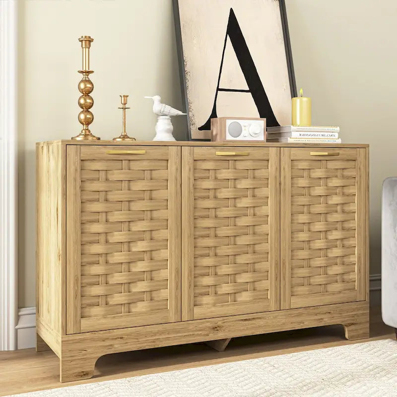 Meuble de rangement Mid-Century en bois avec étagère réglable et porte tressée – Buffet/bahut en MDF pour chambre, salon, cuisine