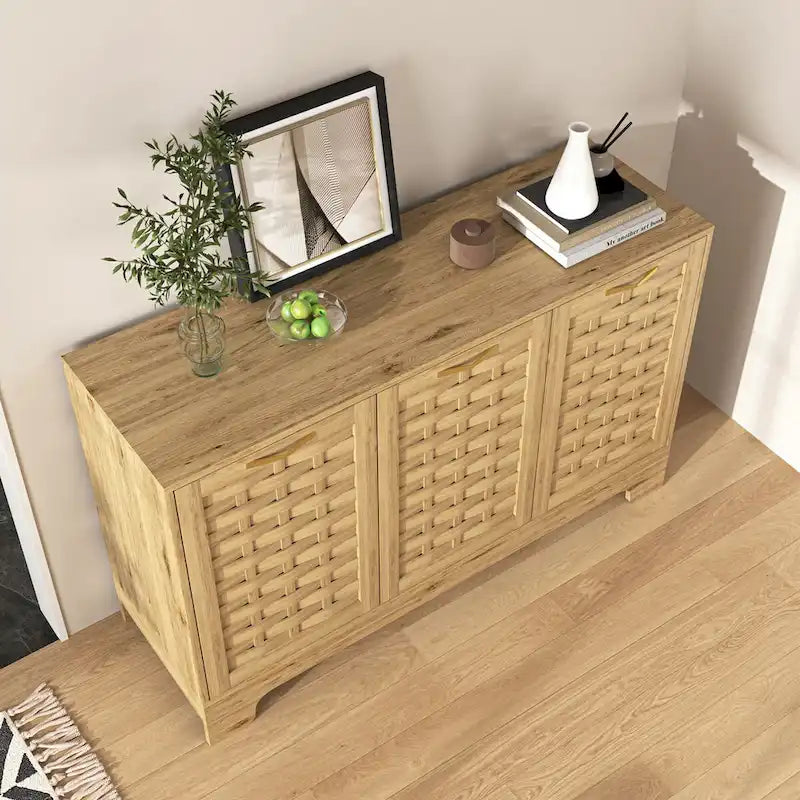 Meuble de rangement Mid-Century en bois avec étagère réglable et porte tressée – Buffet/bahut en MDF pour chambre, salon, cuisine