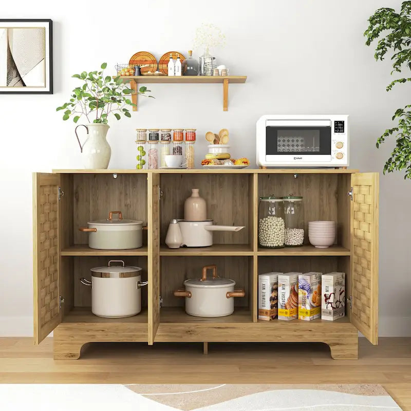 Meuble de rangement Mid-Century en bois avec étagère réglable et porte tressée – Buffet/bahut en MDF pour chambre, salon, cuisine