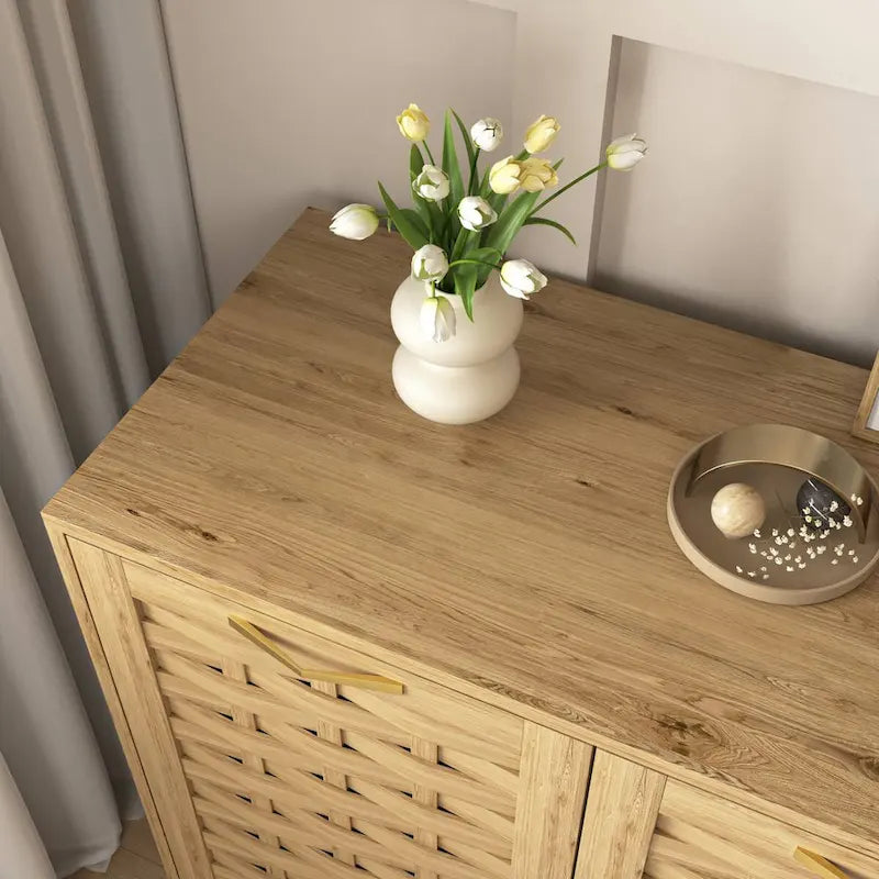 Meuble de rangement Mid-Century en bois avec étagère réglable et porte tressée – Buffet/bahut en MDF pour chambre, salon, cuisine